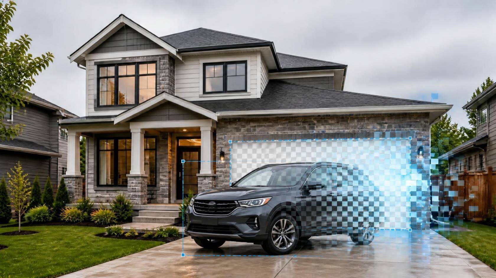 A two-storey home with the garage door and a parked SUV being digitally erased, shown as a selection box filled with a transparency checkerboard
