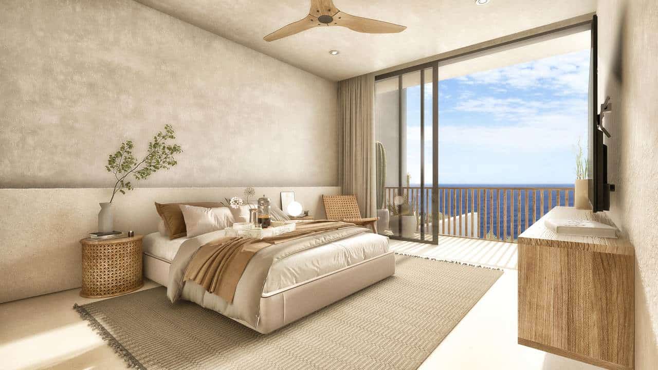 Luxury Bedroom With Sea View In Pedregal Property, Modern Minimalist Decor, Large Sliding Glass Door Opening To Balcony Overlooking Ocean, Neutral Tones, Natural Light, Stylish Furniture, Pedregal Real Estate.
