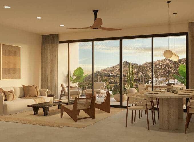 Spacious And Modern Living Room In Pedregal Real Estate With Large Glass Windows, Stylish Furniture, And Mountain Views. Perfect For Luxury Indoor-Outdoor Living In Pedregal.