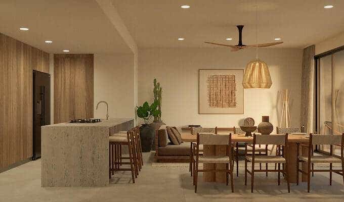 Modern Pedregal Real Estate Dining Area With Natural Wood Accents And Large Glass Doors Leading To An Outdoor Terrace.