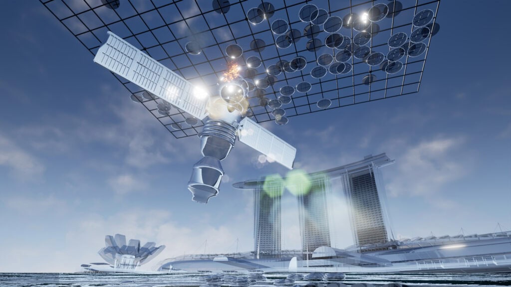 An artistic rendering of a satellite orbiting above a futuristic city skyline, featuring cutting-edge buildings, clear blue sky, and advanced space technology elements.