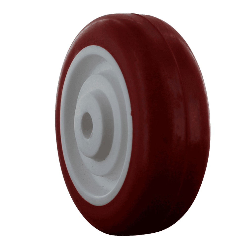Red and white industrial caster wheel for machinery and equipment.