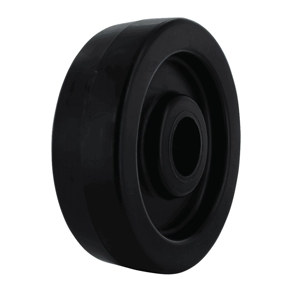 Black industrial caster wheel for heavy equipment and machinery.