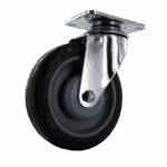 Industrial caster wheel with metal mounting plate and rubber tire for heavy loads.