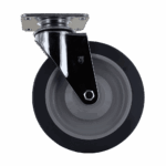 Industrial caster wheel with black rubber tire and metal mounting plate.