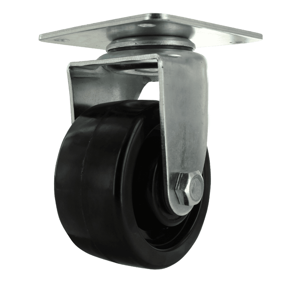 Heavy duty swivel caster with phenolic wheel for industrial use.