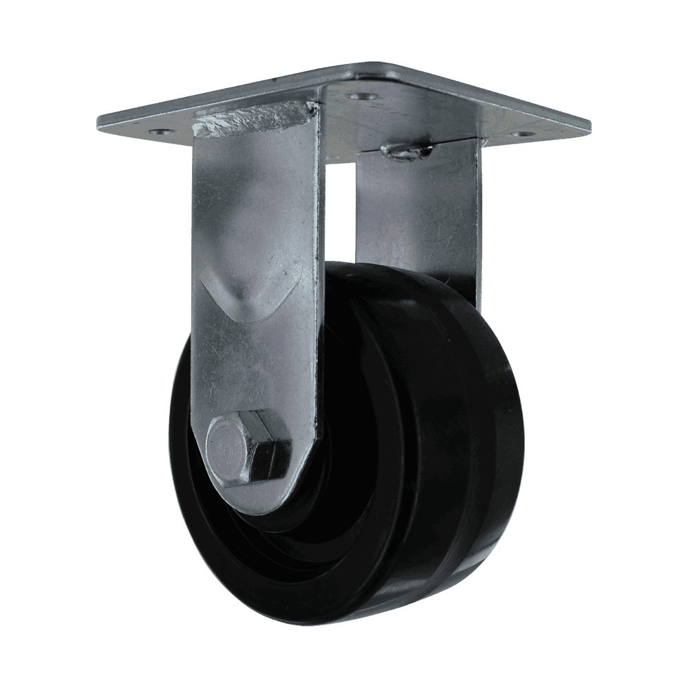 Heavy-duty 4 inch rigid caster with phenolic wheel for industrial use.