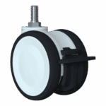 Tandem low height swivel caster with TPE wheel and lock brake.