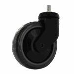 Black industrial caster wheel with swivel and threaded stem for heavy equipment.