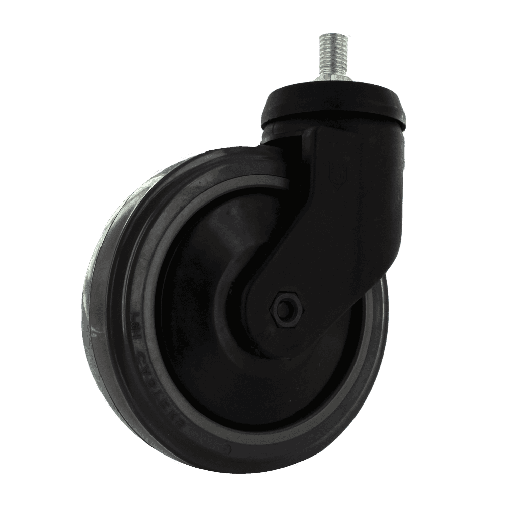 Black industrial caster wheel with swivel and threaded stem for heavy equipment.