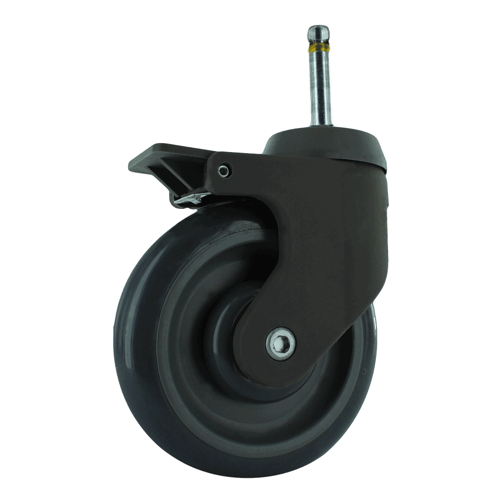 Black industrial caster wheel with locking mechanism for heavy equipment.
