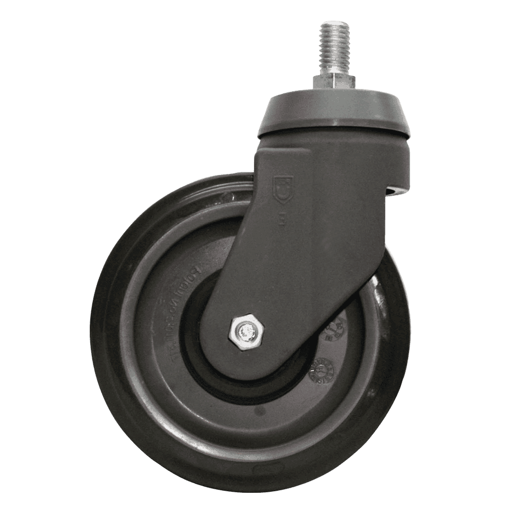 Industrial caster wheel with durable rubber tire and metal mounting stem.