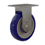 Stainless steel rigid caster with blue TPU wheel for industrial use.