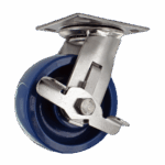 Industrial blue caster wheel with metal mounting plate and locking mechanism.