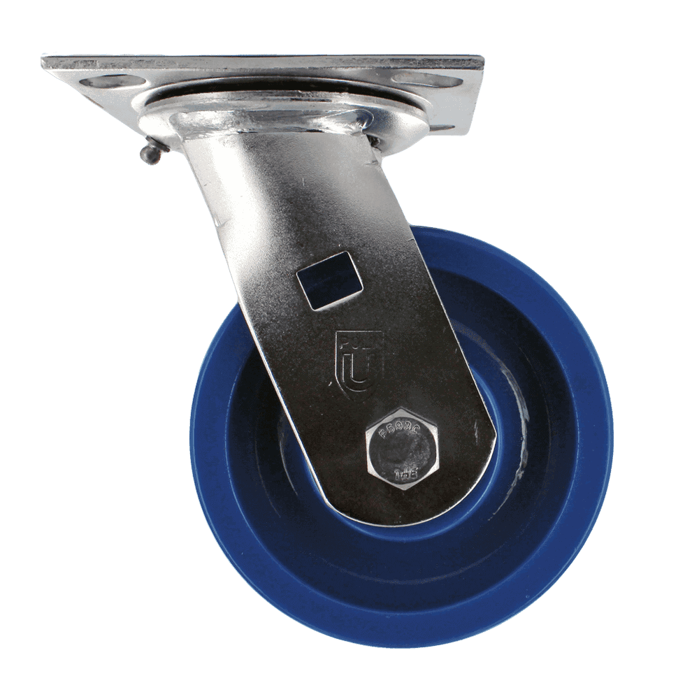 Blue caster wheel with metal mounting plate for industrial use.