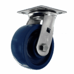 Blue industrial caster wheel with metal mounting plate for heavy equipment.