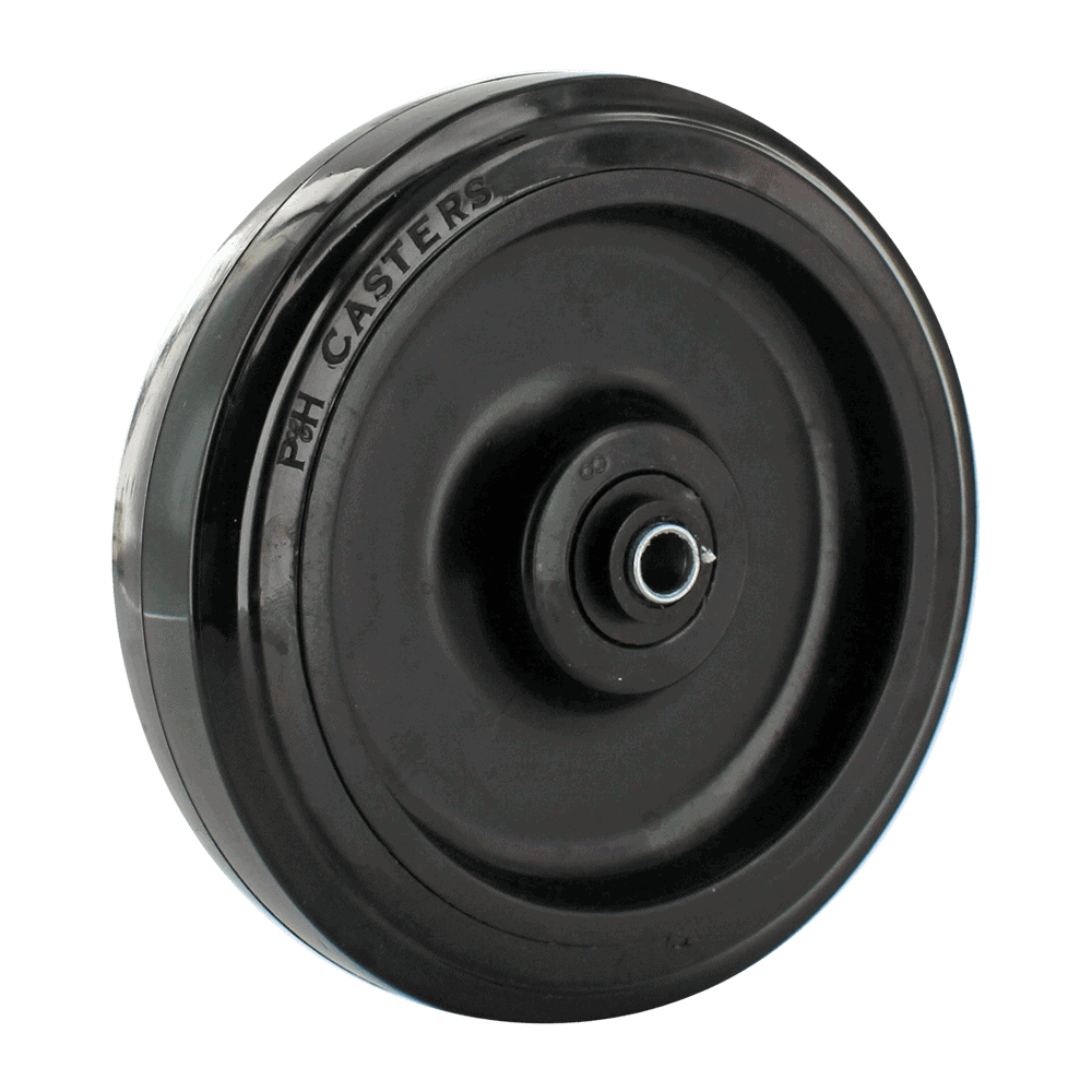 Black industrial caster wheel with bearing for heavy-duty applications.