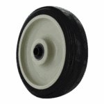Heavy-duty caster wheel with black rubber tire and beige hub for industrial equipment.