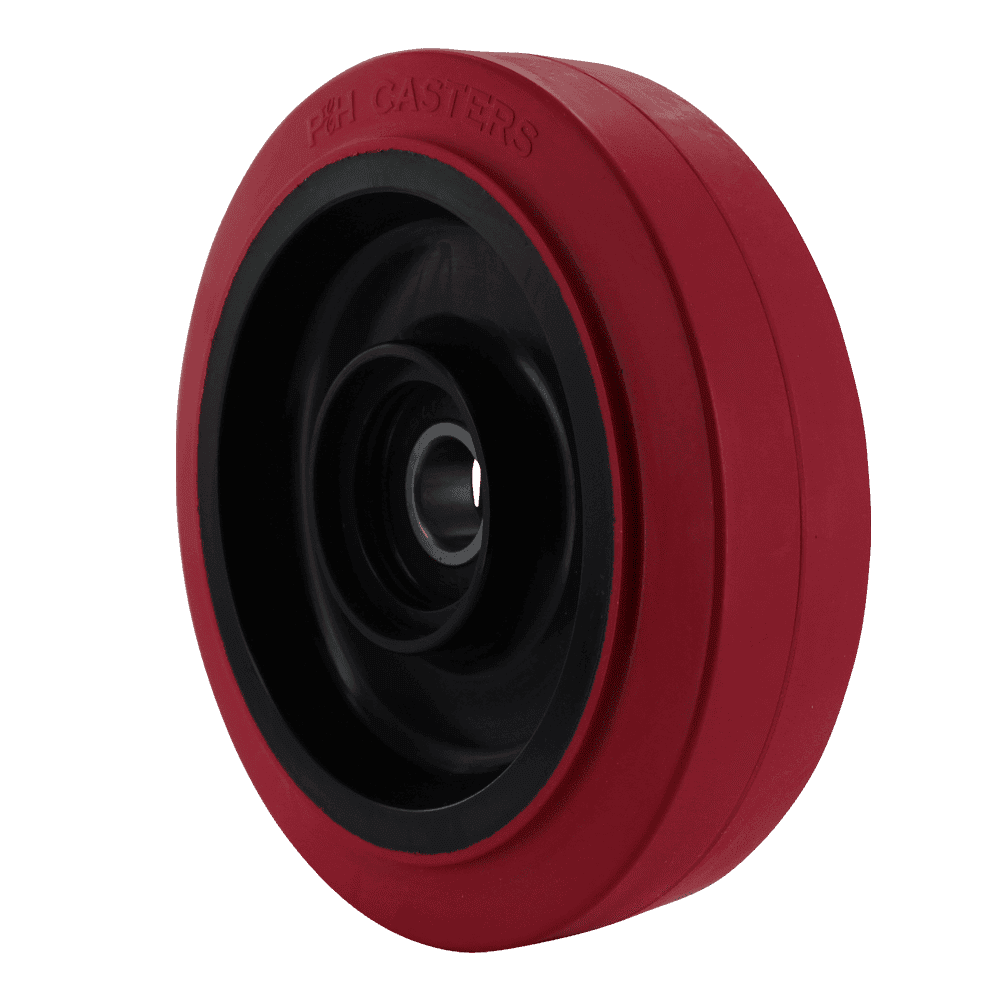 Red 125mm soft rubber caster wheel with black core for furniture and equipment.