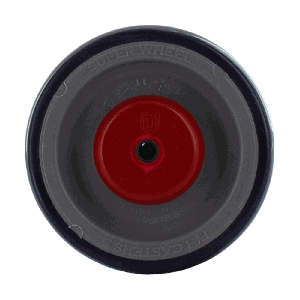 Heavy-duty caster wheel with red and black design for industrial use.