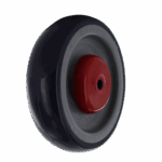 Heavy duty caster wheel with red rubber tire and gray hub for industrial use.