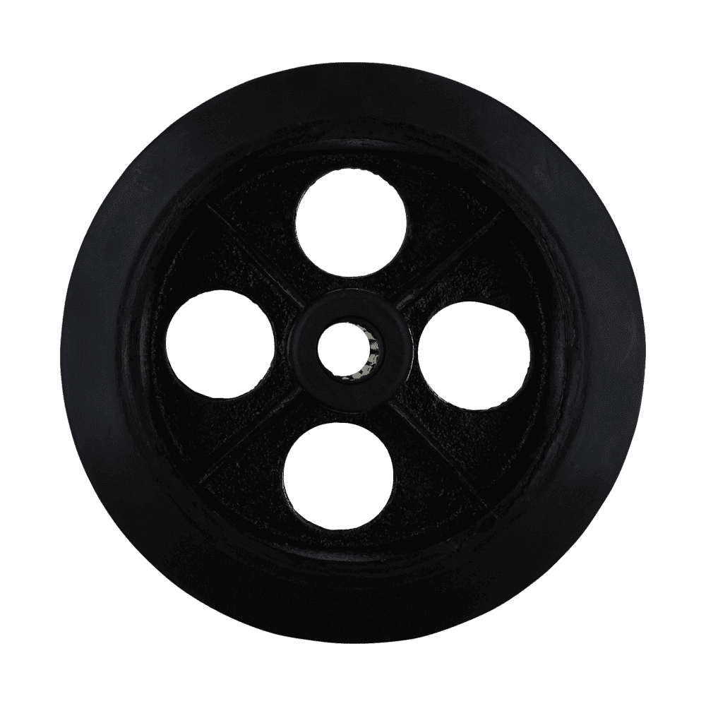Black industrial caster wheel with four mounting holes for heavy-duty applications.