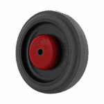 Heavy duty caster wheel with red rubber tire and black hub for industrial use.