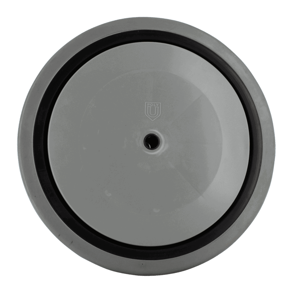 Gray industrial caster wheel with black rubber tire for heavy-duty applications.