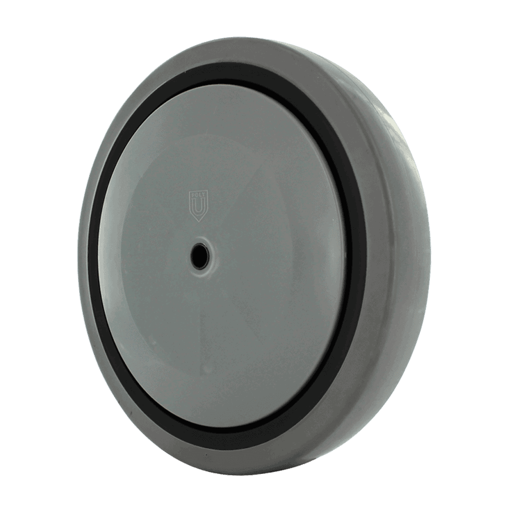 Gray industrial caster wheel with black rubber edge for heavy-duty applications.