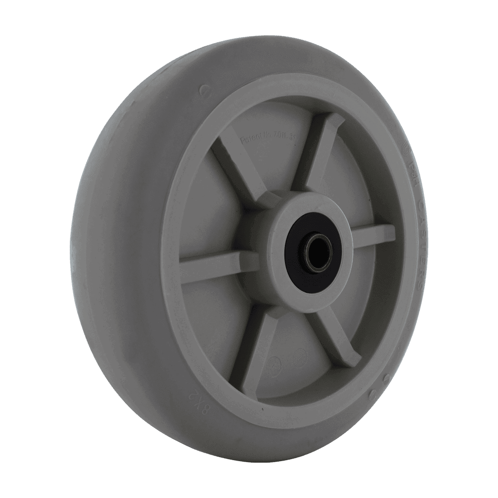 Grey industrial caster wheel with durable rubber tire and plastic hub for heavy-duty applications.
