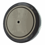 Heavy-duty industrial caster wheel with rubber tread and central hole for mounting.