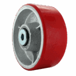 Red industrial caster wheel for heavy equipment and machinery.