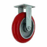 Red industrial caster wheel with metal mounting plate for heavy loads.