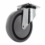 Industrial caster wheel with metal mounting plate and rubber tire for heavy loads.
