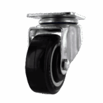 Industrial caster wheel with metal mounting plate and black rubber wheel.
