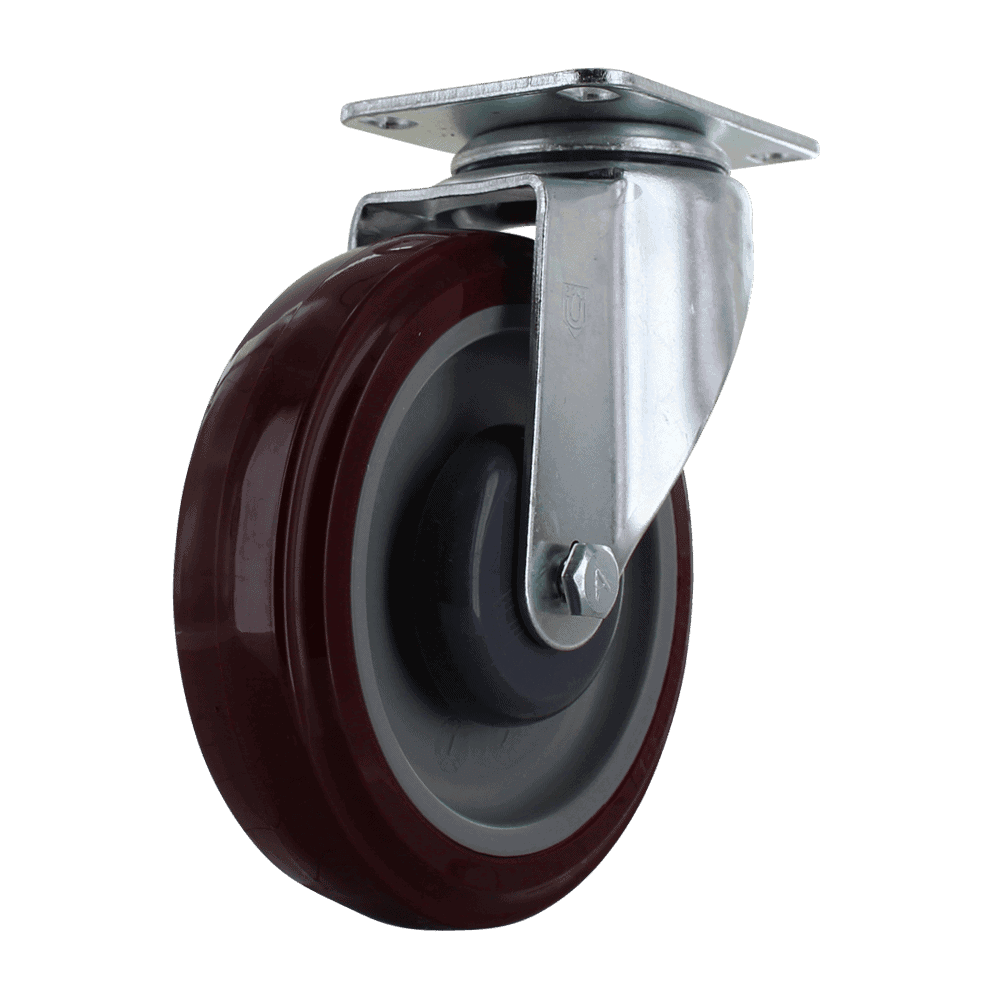 Industrial caster wheel with red rubber tire and metal mounting plate.