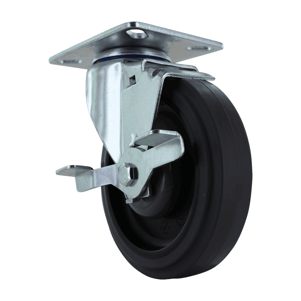 Industrial caster wheel with metal mounting plate and rubber wheel for heavy loads.