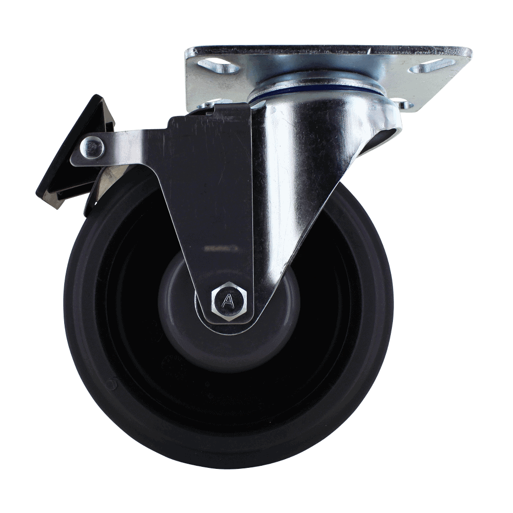 Industrial caster wheel with metal mounting plate and durable rubber wheel.