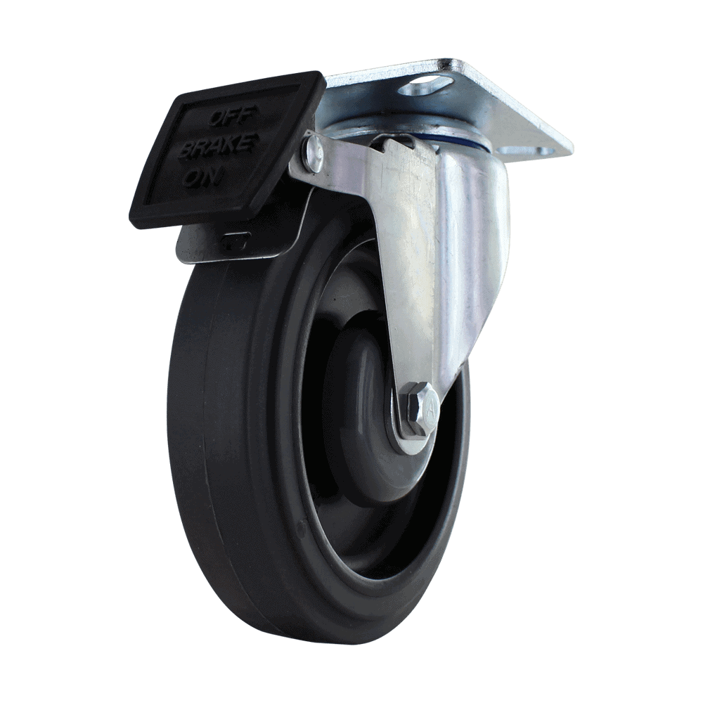 Industrial caster wheel with brake system for heavy equipment.