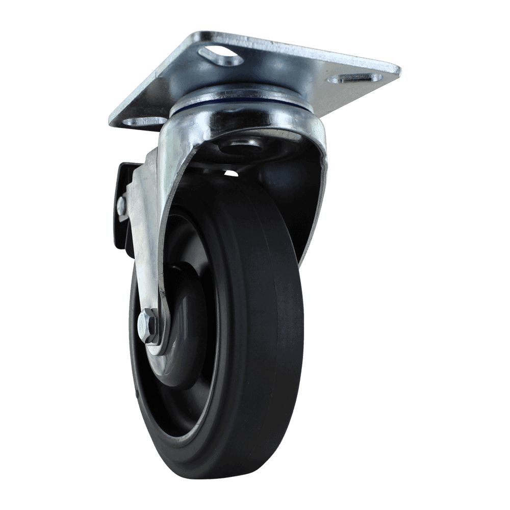 Industrial caster wheel with metal mounting plate and rubber wheel for heavy loads.