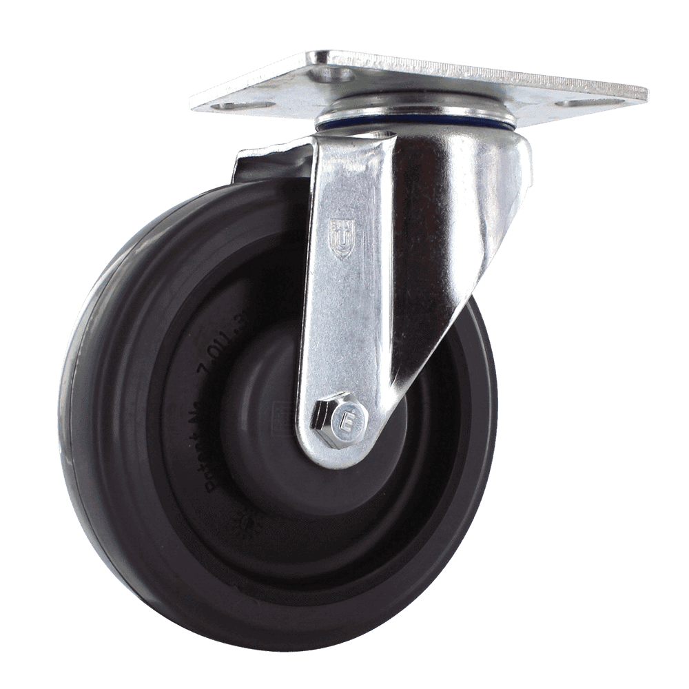 Industrial caster wheel with metal mounting plate and durable rubber tire.