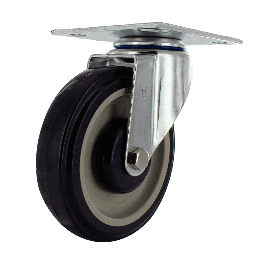 Industrial caster wheel with metal mounting plate and rubber tire for heavy loads.