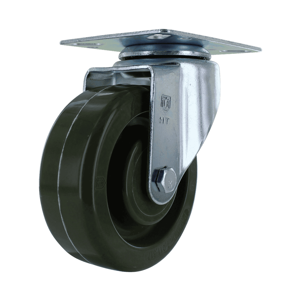 Industrial caster wheel with metal mounting plate and durable rubber wheel.