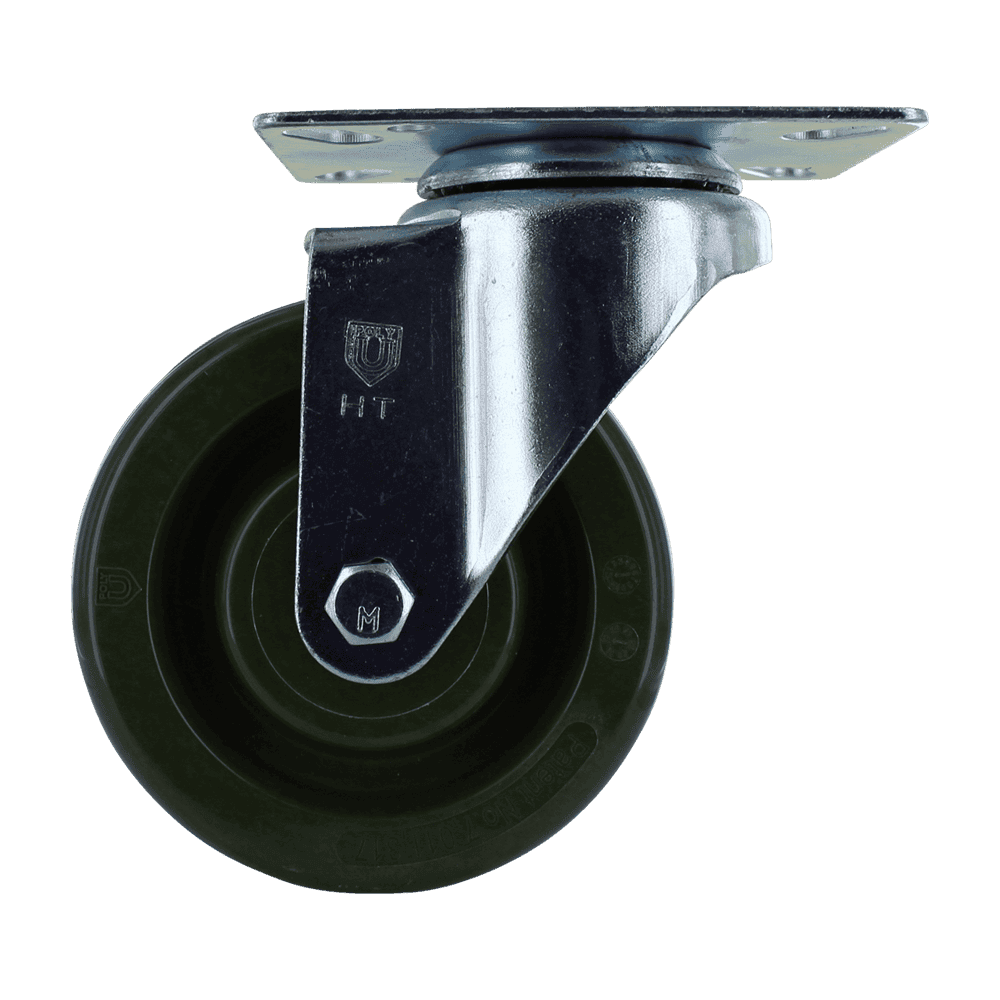 Industrial caster wheel with metal mounting plate and durable rubber wheel.