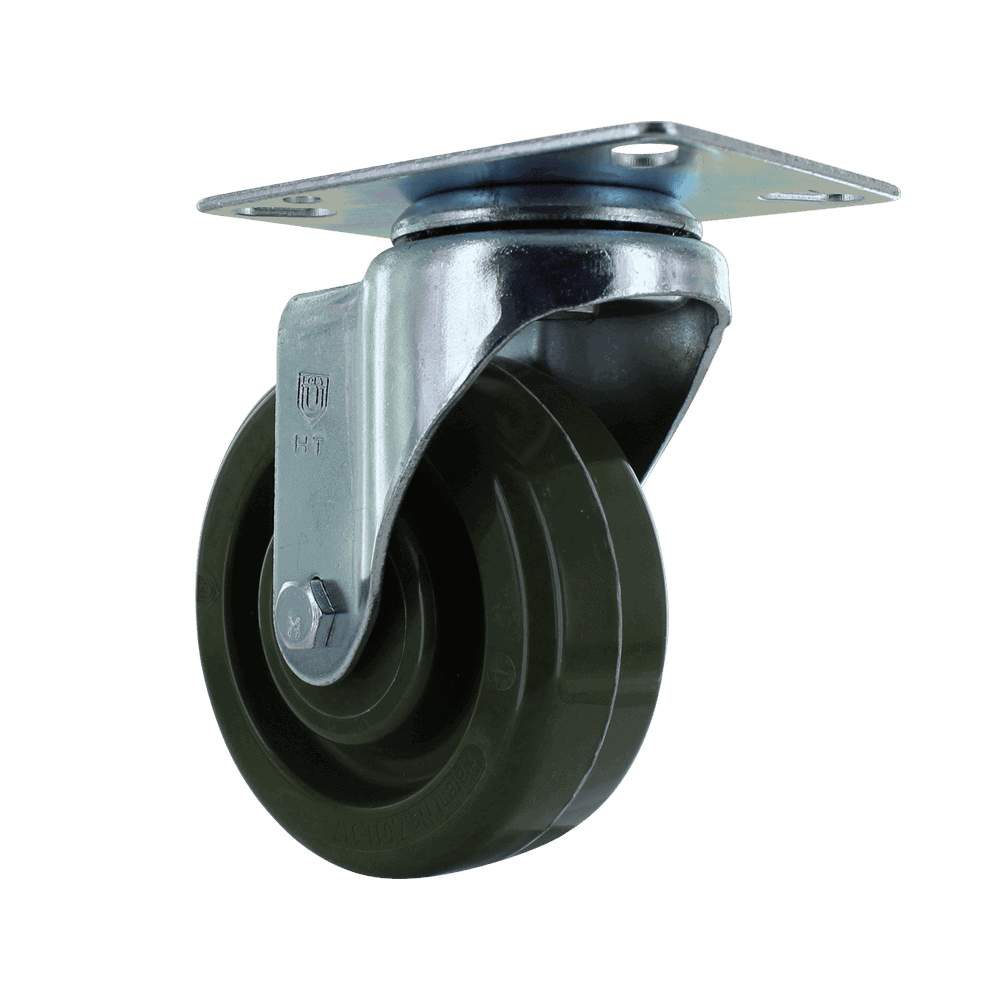 Industrial caster wheel with metal mounting plate and durable rubber wheel.