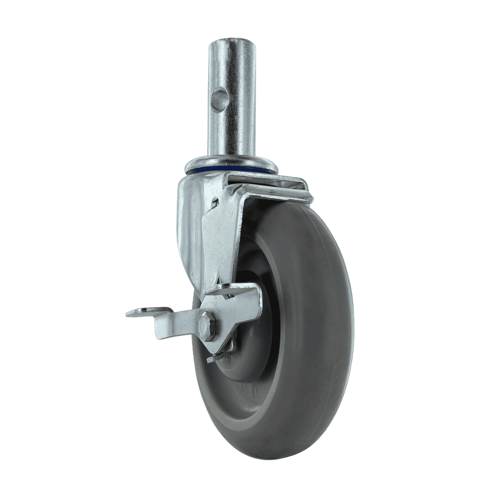 Industrial caster wheel with metal mounting and rubber tire for heavy loads.