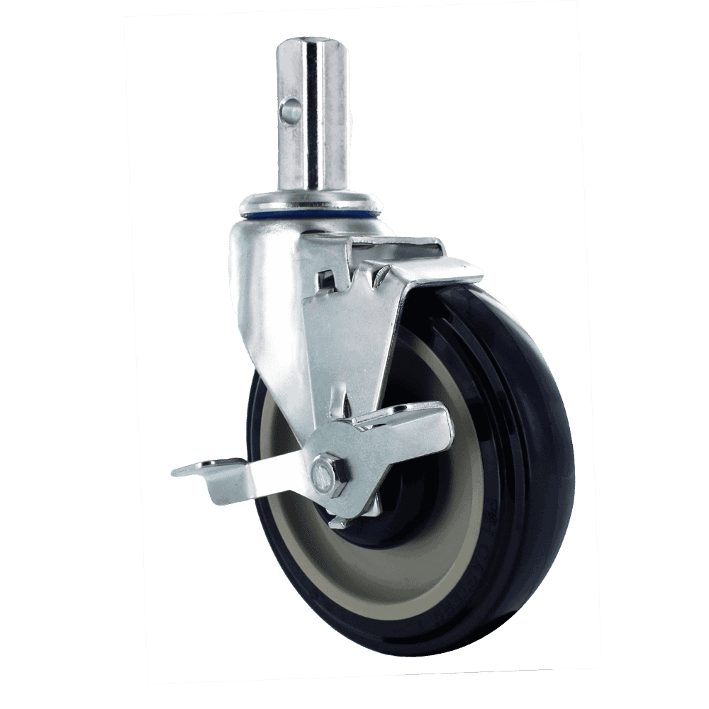 Industrial caster wheel with metal mounting and rubber tire for heavy loads.