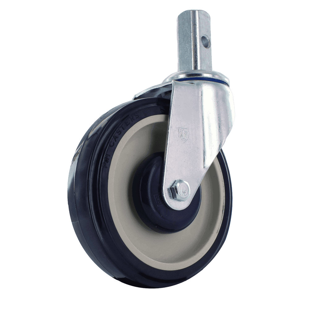 Industrial caster wheel with metal mounting plate and rubber tire for heavy loads.