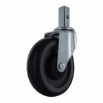 Industrial caster wheel with metal mounting plate and black rubber wheel.