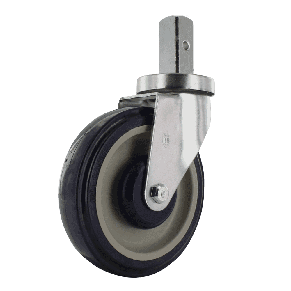 Industrial caster wheel with metal mounting plate and rubber tire for heavy loads.